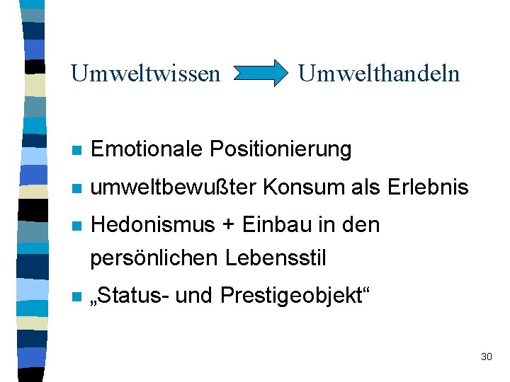 Umweltwissen Umwelthandeln n Emotionale Positionierung n umweltbewußter Konsum als Erlebnis n Hedonismus + Einbau Umweltwissen Umwelthandeln n Emotionale Positionierung n umweltbewußter Konsum als Erlebnis n Hedonismus + Einbau