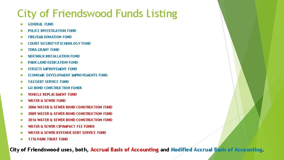 City of Friendswood Funds Listing GENERAL FUND POLICE INVESTIGATION FUND FIRE/EMS DONATION FUND COURT