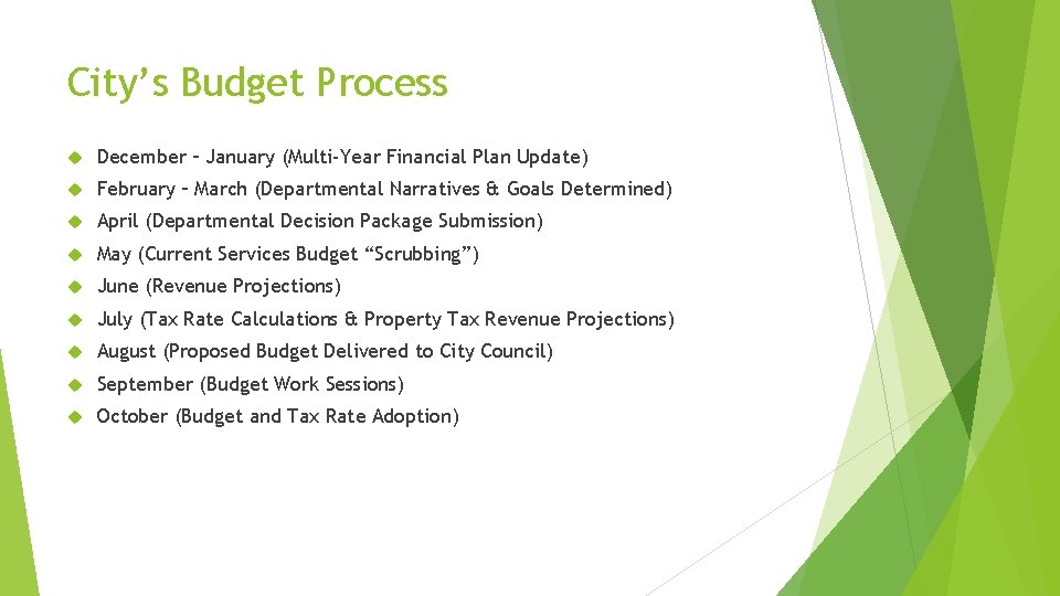 City’s Budget Process December – January (Multi-Year Financial Plan Update) February – March (Departmental