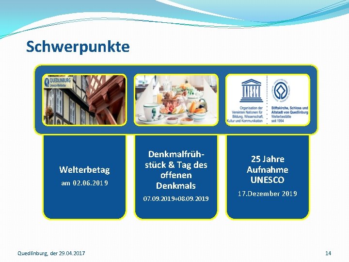 Schwerpunkte Welterbetag am 02. 06. 2019 Denkmalfrühstück & Tag des offenen Denkmals 07. 09. Schwerpunkte Welterbetag am 02. 06. 2019 Denkmalfrühstück & Tag des offenen Denkmals 07. 09.
