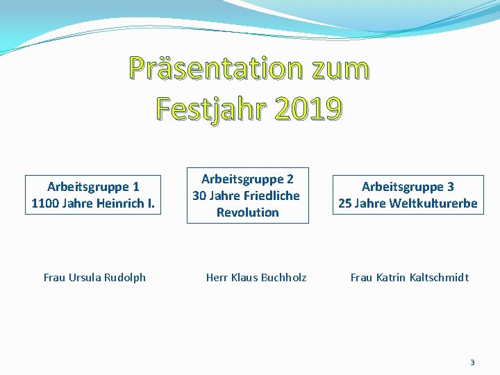 Präsentation zum Festjahr 2019 Arbeitsgruppe 1 1100 Jahre Heinrich I. Frau Ursula Rudolph Arbeitsgruppe