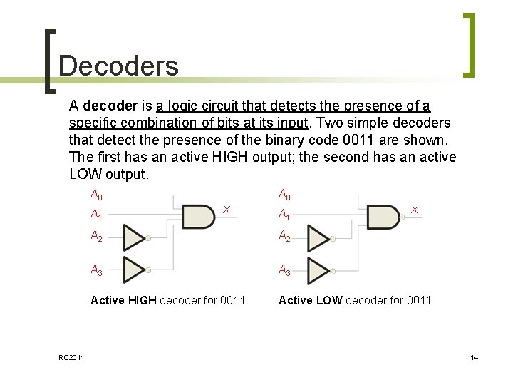 Decoders A decoder is a logic circuit that detects the presence of a specific