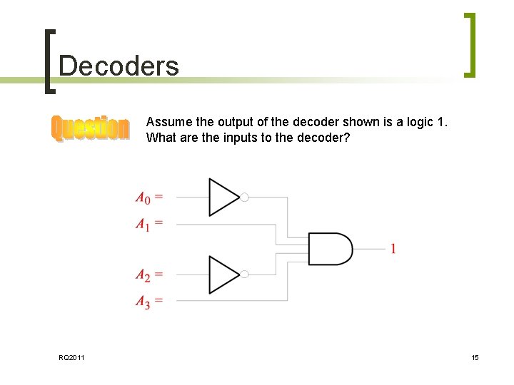 Decoders Assume the output of the decoder shown is a logic 1. What are Decoders Assume the output of the decoder shown is a logic 1. What are