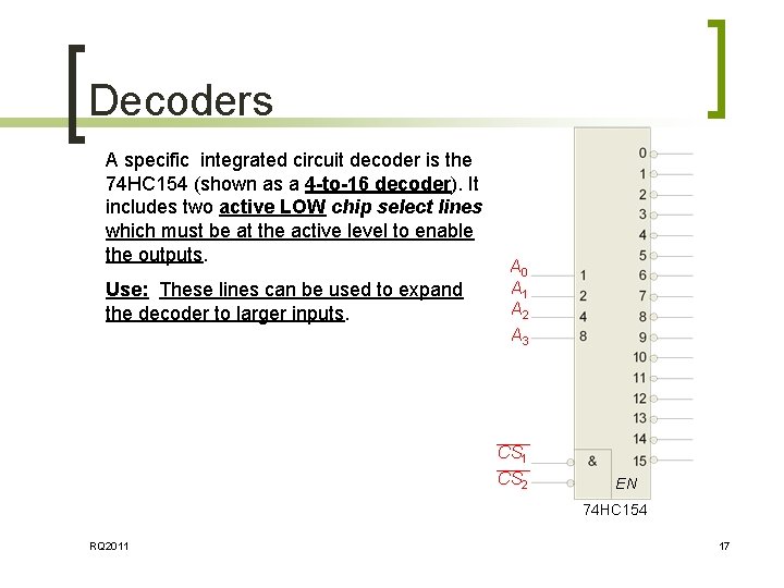 Decoders A specific integrated circuit decoder is the 74 HC 154 (shown as a