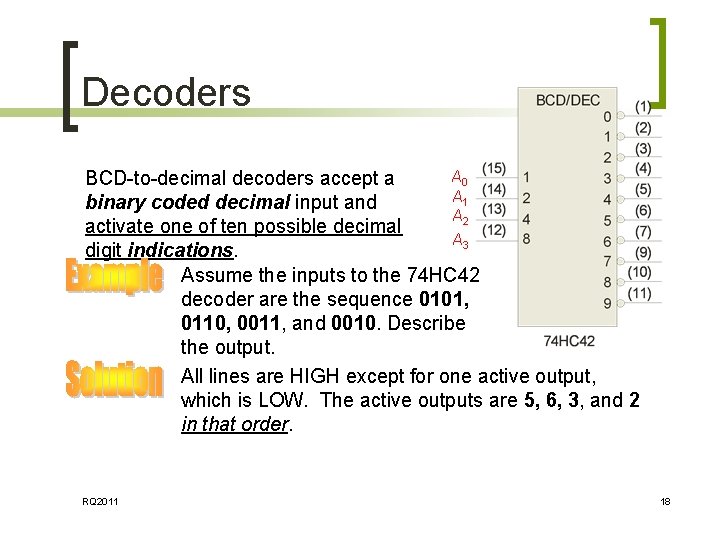 Decoders A 0 BCD-to-decimal decoders accept a A 1 binary coded decimal input and