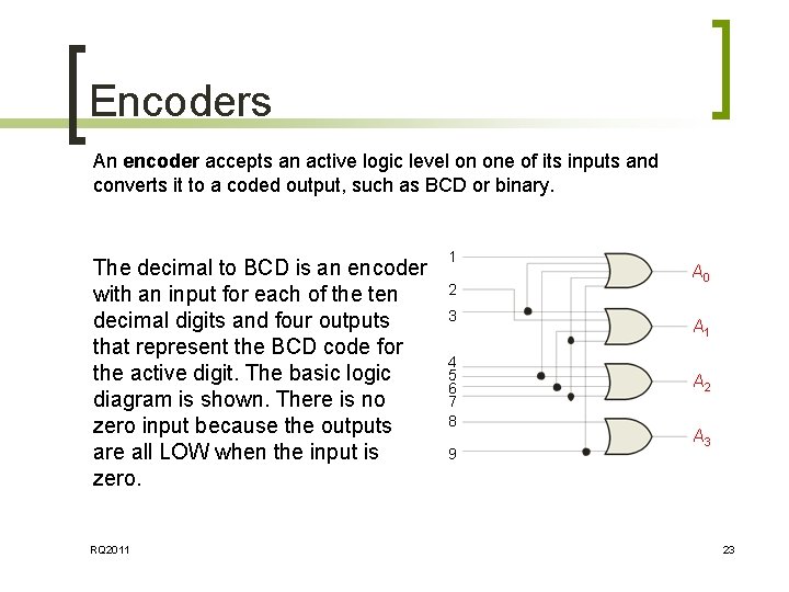 Encoders An encoder accepts an active logic level on one of its inputs and