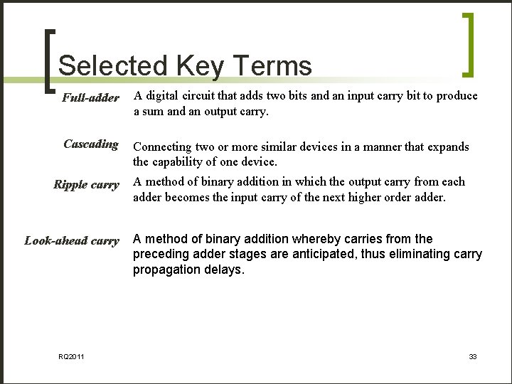 Selected Key Terms Full-adder A digital circuit that adds two bits and an input