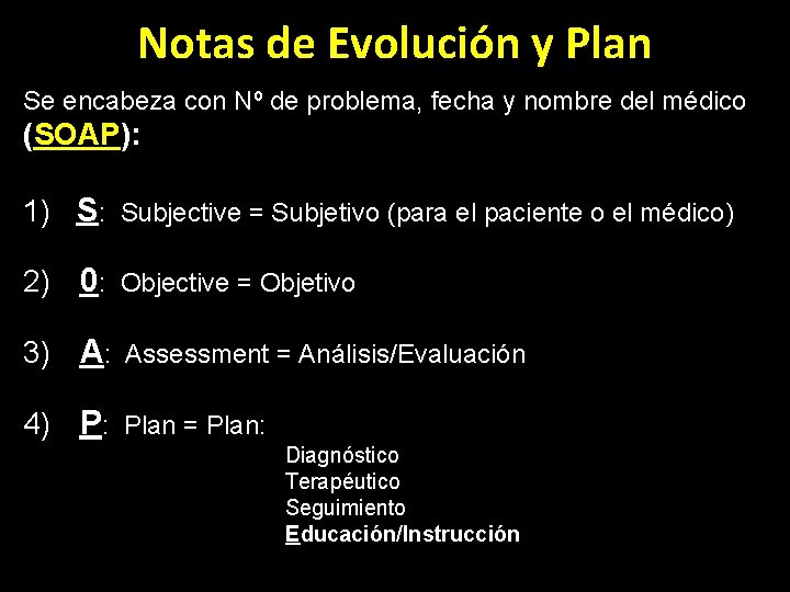 Notas de Evolución y Plan Se encabeza con Nº de problema, fecha y nombre