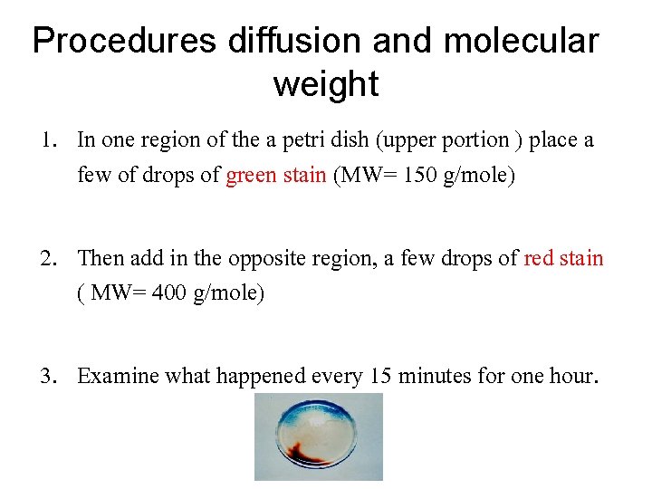 Procedures diffusion and molecular weight 1. In one region of the a petri dish