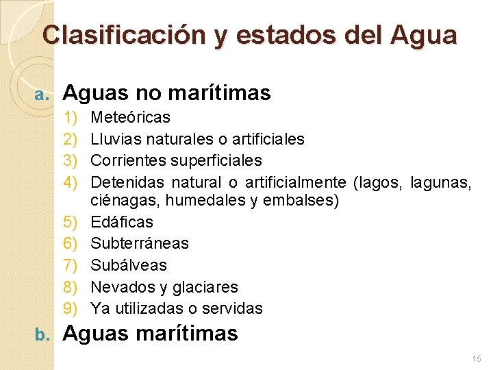 Clasificación y estados del Agua a. Aguas no marítimas 1) 2) 3) 4) 5)