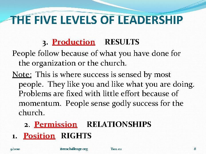 THE FIVE LEVELS OF LEADERSHIP 3. Production RESULTS People follow because of what you