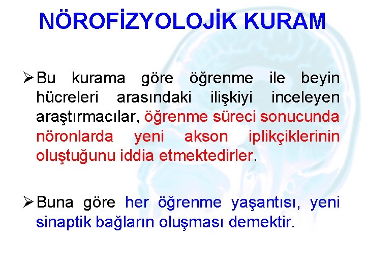 NÖROFİZYOLOJİK KURAM Ø Bu kurama göre öğrenme ile beyin hücreleri arasındaki ilişkiyi inceleyen araştırmacılar,