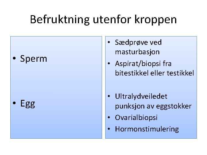 Befruktning utenfor kroppen • Sperm • Egg • Sædprøve ved masturbasjon • Aspirat/biopsi fra