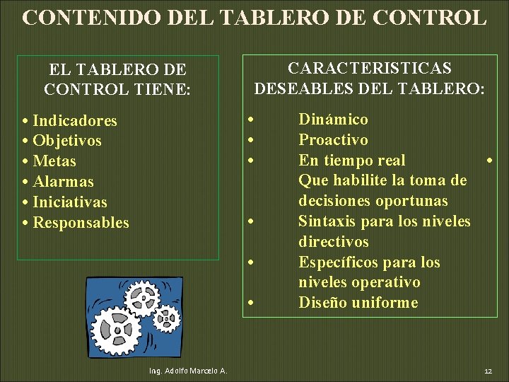 CONTENIDO DEL TABLERO DE CONTROL CARACTERISTICAS DESEABLES DEL TABLERO: EL TABLERO DE CONTROL TIENE: