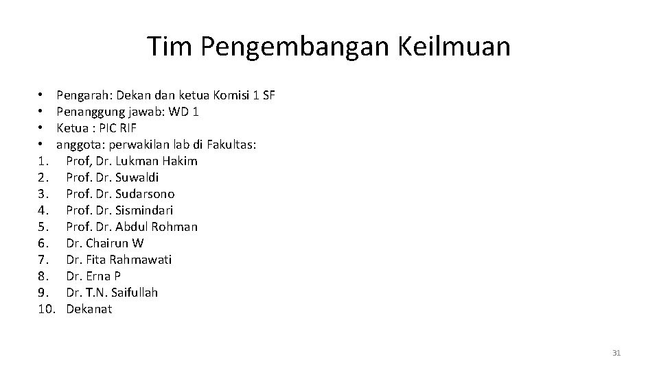 Tim Pengembangan Keilmuan • Pengarah: Dekan dan ketua Komisi 1 SF • Penanggung jawab: