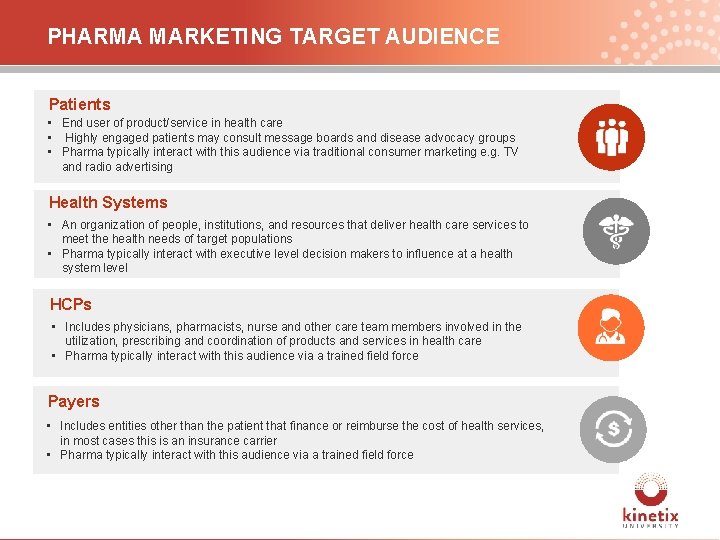 PHARMA MARKETING TARGET AUDIENCE Patients • End user of product/service in health care •