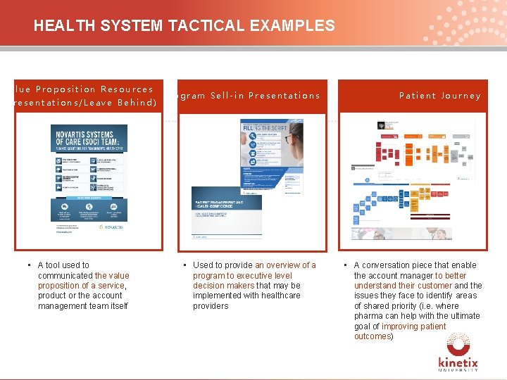 HEALTH SYSTEM TACTICAL EXAMPLES Value Proposition Resources (Presentations/Leave Behind) • A tool used to