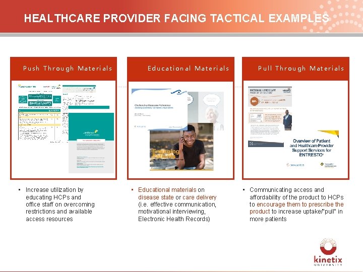 HEALTHCARE PROVIDER FACING TACTICAL EXAMPLES Push Through Materials • Increase utilization by educating HCPs