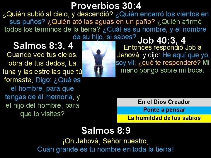 Proverbios 30: 4 ¿Quién subió al cielo, y descendió? ¿Quién encerró los vientos en