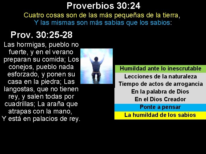 Proverbios 30: 24 Cuatro cosas son de las más pequeñas de la tierra, Y