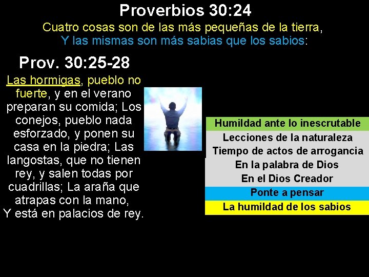 Proverbios 30: 24 Cuatro cosas son de las más pequeñas de la tierra, Y