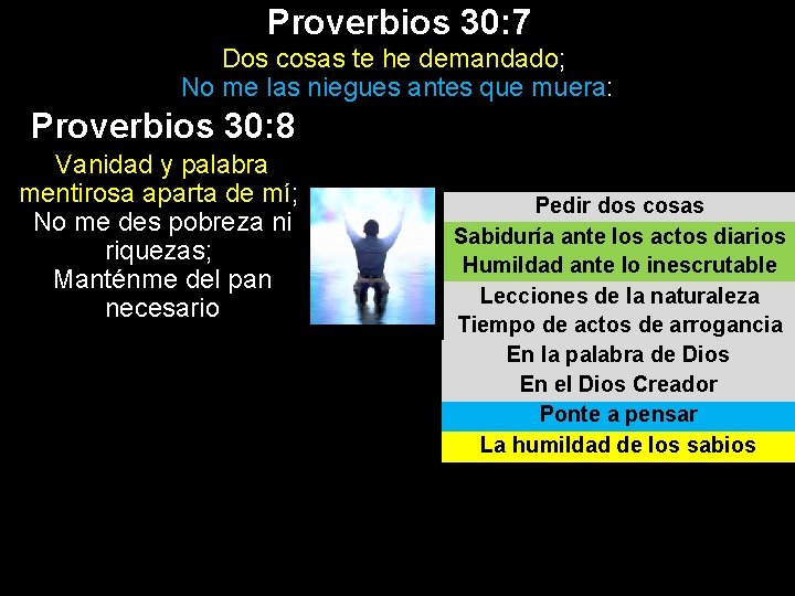 Proverbios 30: 7 Dos cosas te he demandado; No me las niegues antes que