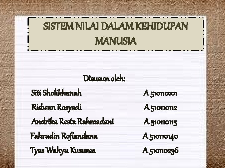 SISTEM NILAI DALAM KEHIDUPAN MANUSIA Disusun oleh: Siti Sholikhanah Ridwan Rosyadi Andrika Resta Rahmadani