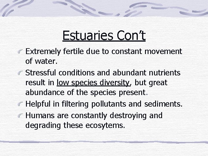 Estuaries Con’t Extremely fertile due to constant movement of water. Stressful conditions and abundant