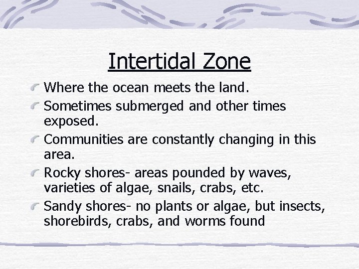 Intertidal Zone Where the ocean meets the land. Sometimes submerged and other times exposed.