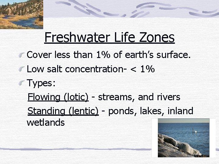 Freshwater Life Zones Cover less than 1% of earth’s surface. Low salt concentration- <