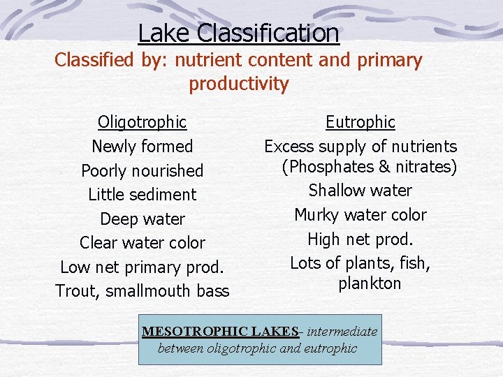 Lake Classification Classified by: nutrient content and primary productivity Oligotrophic Newly formed Poorly nourished