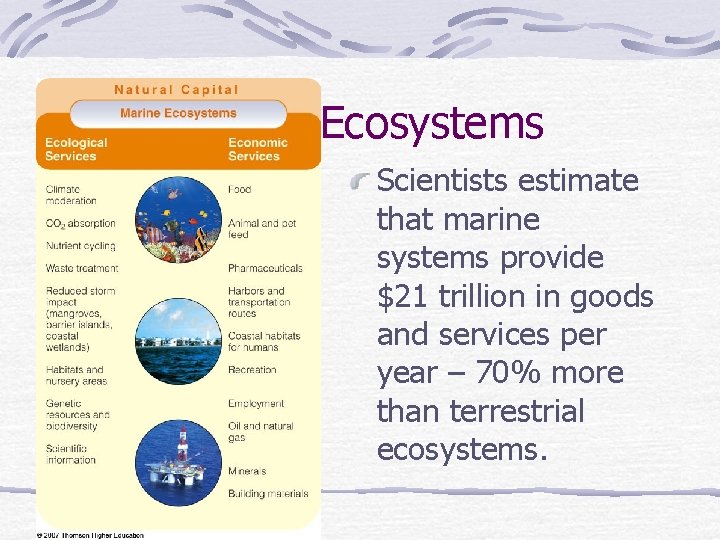 Marine Ecosystems Scientists estimate that marine systems provide $21 trillion in goods and services