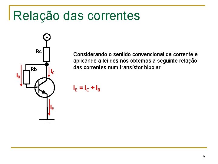 Relação das correntes + Rc IB Rb IC Considerando o sentido convencional da corrente