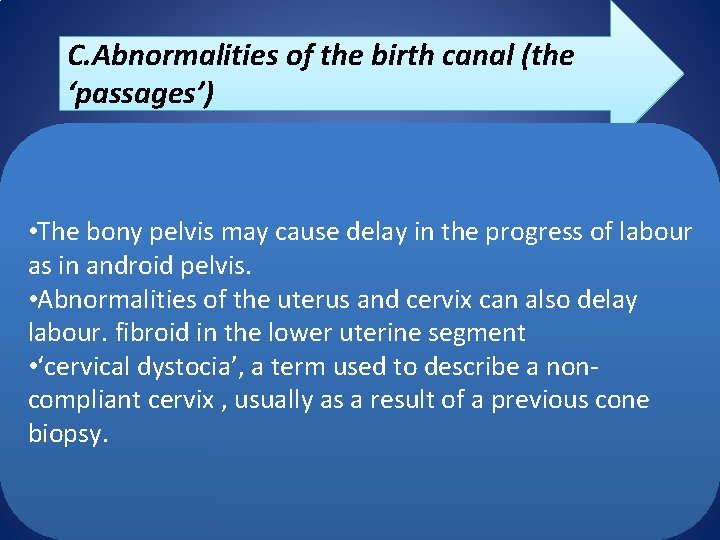 C. Abnormalities of the birth canal (the ‘passages’) • The bony pelvis may cause