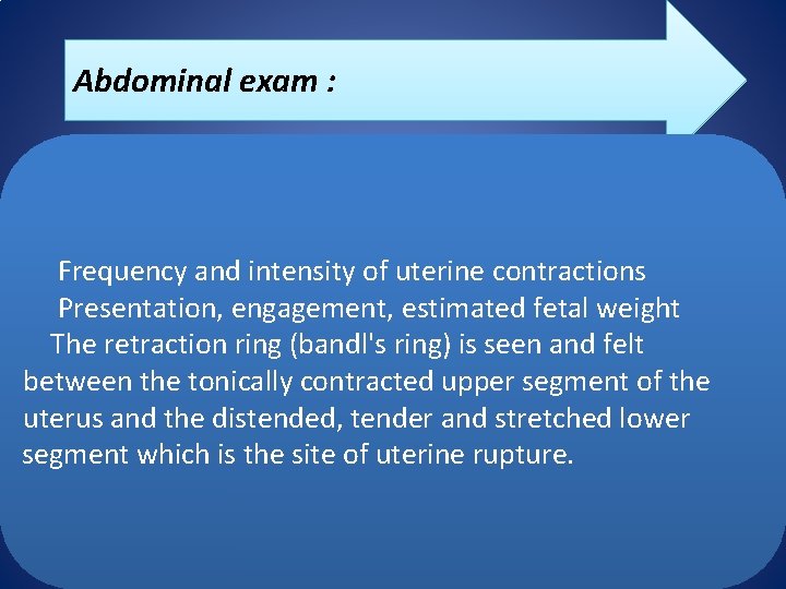 Abdominal exam : Frequency and intensity of uterine contractions Presentation, engagement, estimated fetal weight