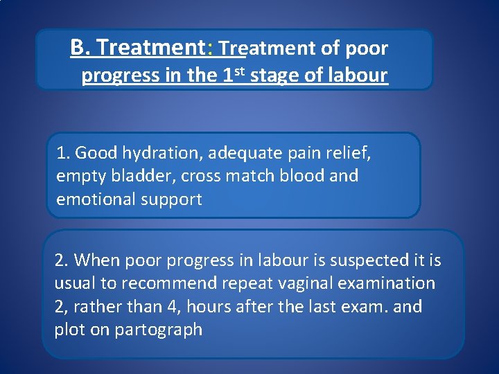 B. Treatment: Treatment of poor progress in the 1 st stage of labour 1.