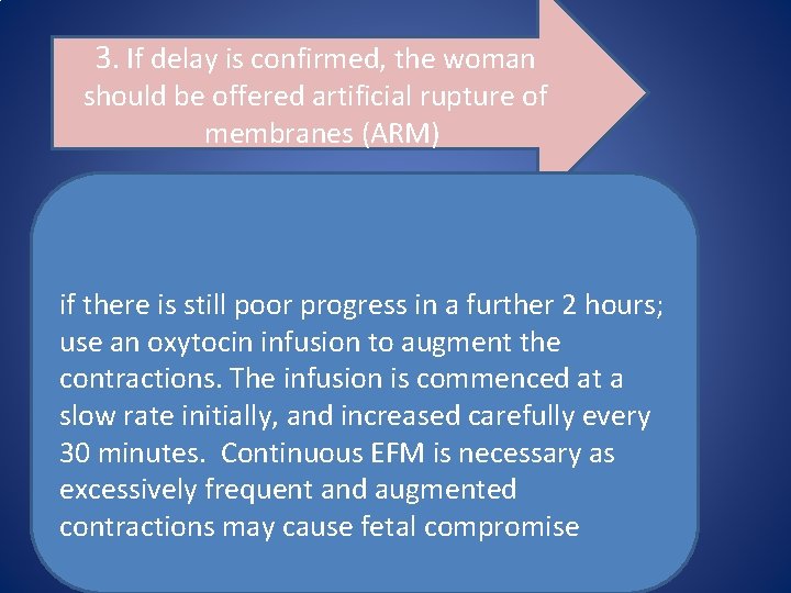 3. If delay is confirmed, the woman should be offered artificial rupture of membranes