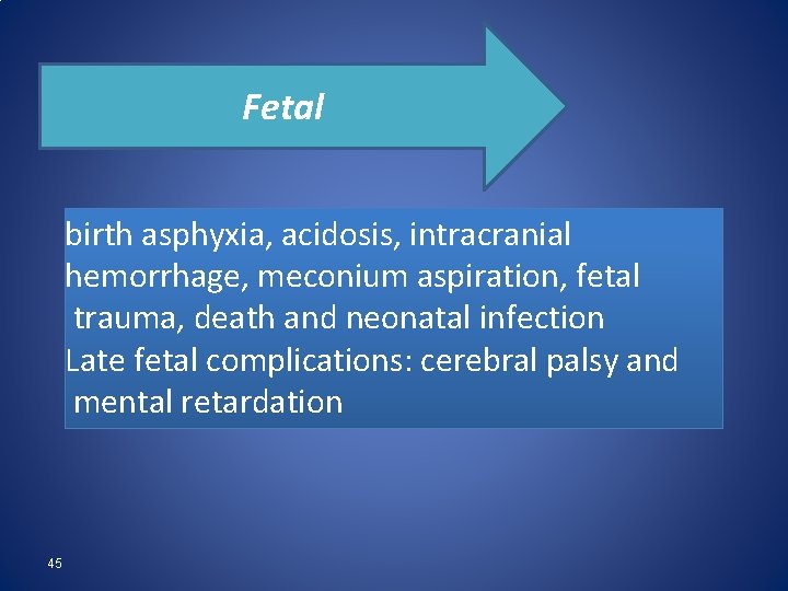 Fetal birth asphyxia, acidosis, intracranial hemorrhage, meconium aspiration, fetal trauma, death and neonatal infection