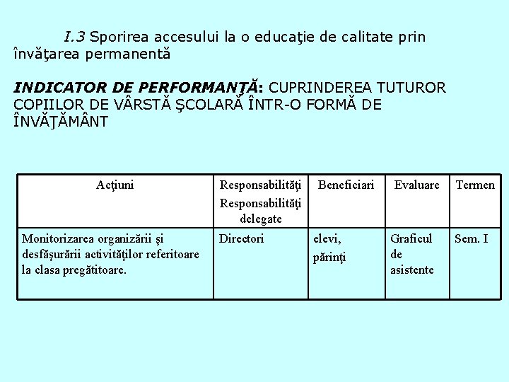 I. 3 Sporirea accesului la o educaţie de calitate prin învăţarea permanentă INDICATOR DE