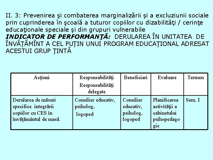 II. 3: Prevenirea şi combaterea marginalizării şi a excluziunii sociale prin cuprinderea în şcoală