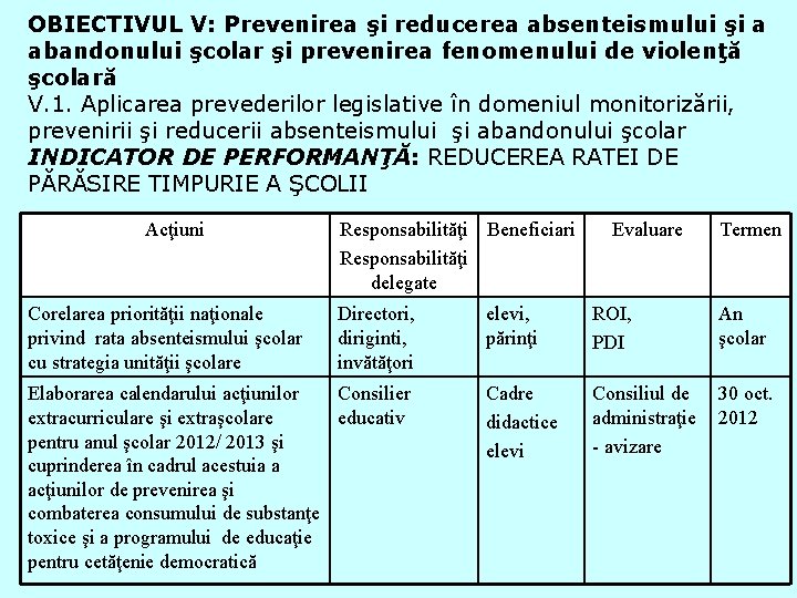 OBIECTIVUL V: Prevenirea şi reducerea absenteismului şi a abandonului şcolar şi prevenirea fenomenului de