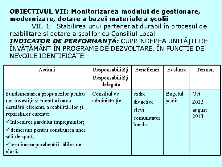 OBIECTIVUL VII: Monitorizarea modului de gestionare, modernizare, dotare a bazei materiale a şcolii VII.
