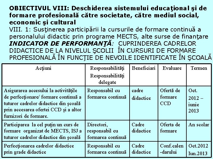 OBIECTIVUL VIII: Deschiderea sistemului educaţional şi de formare profesională către societate, către mediul social,