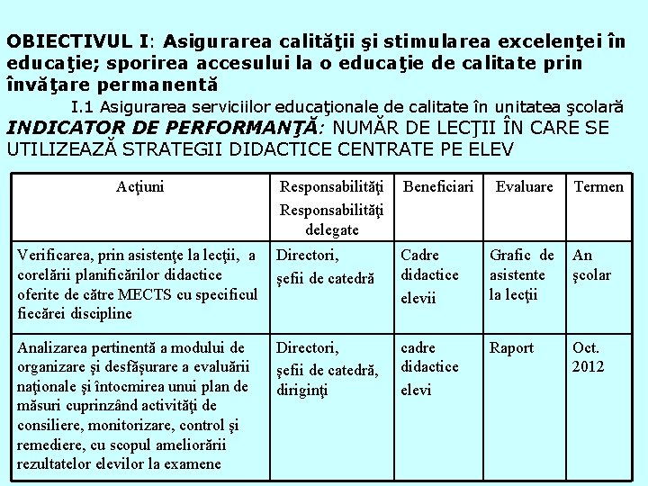 OBIECTIVUL I: Asigurarea calităţii şi stimularea excelenţei în educaţie; sporirea accesului la o educaţie