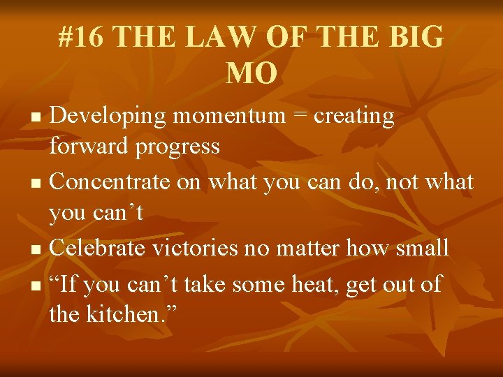 #16 THE LAW OF THE BIG MO Developing momentum = creating forward progress n