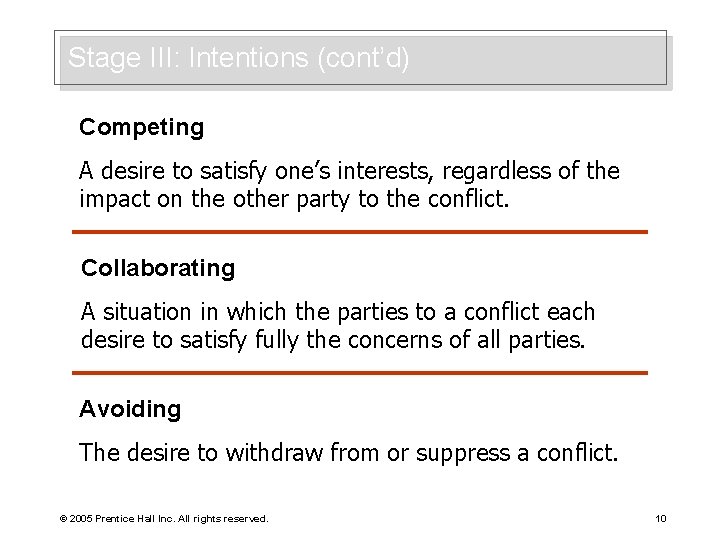 Stage III: Intentions (cont’d) Competing A desire to satisfy one’s interests, regardless of the