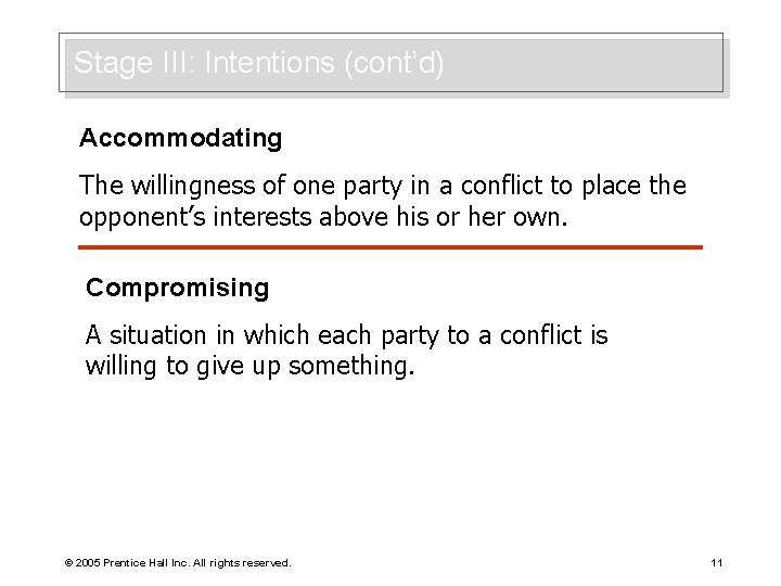 Stage III: Intentions (cont’d) Accommodating The willingness of one party in a conflict to