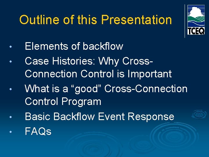 Outline of this Presentation • • • Elements of backflow Case Histories: Why Cross.