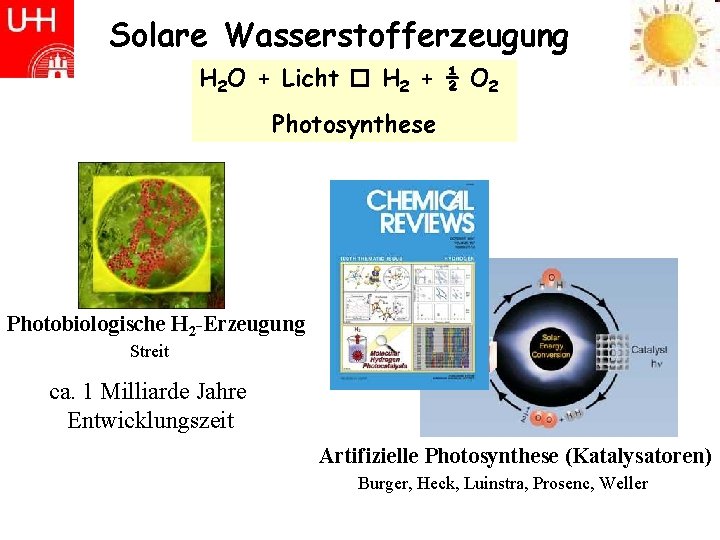 Solare Wasserstofferzeugung H 2 O + Licht H 2 + ½ O 2 Photosynthese