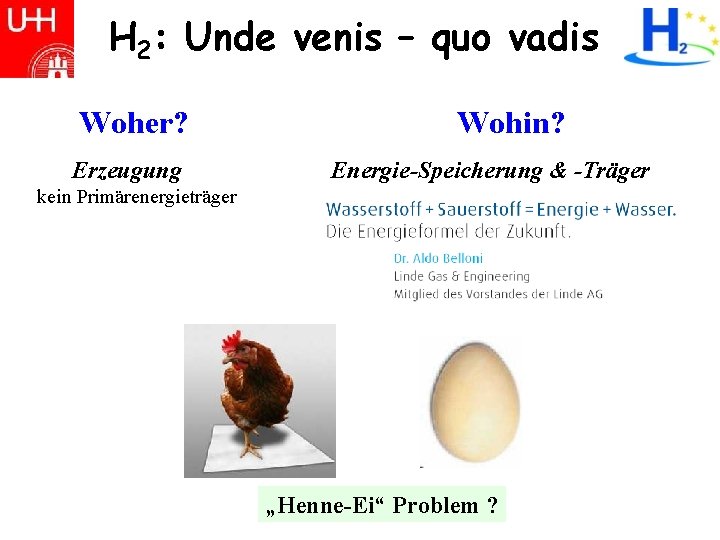 H 2: Unde venis – quo vadis Woher? Erzeugung Wohin? Energie-Speicherung & -Träger kein